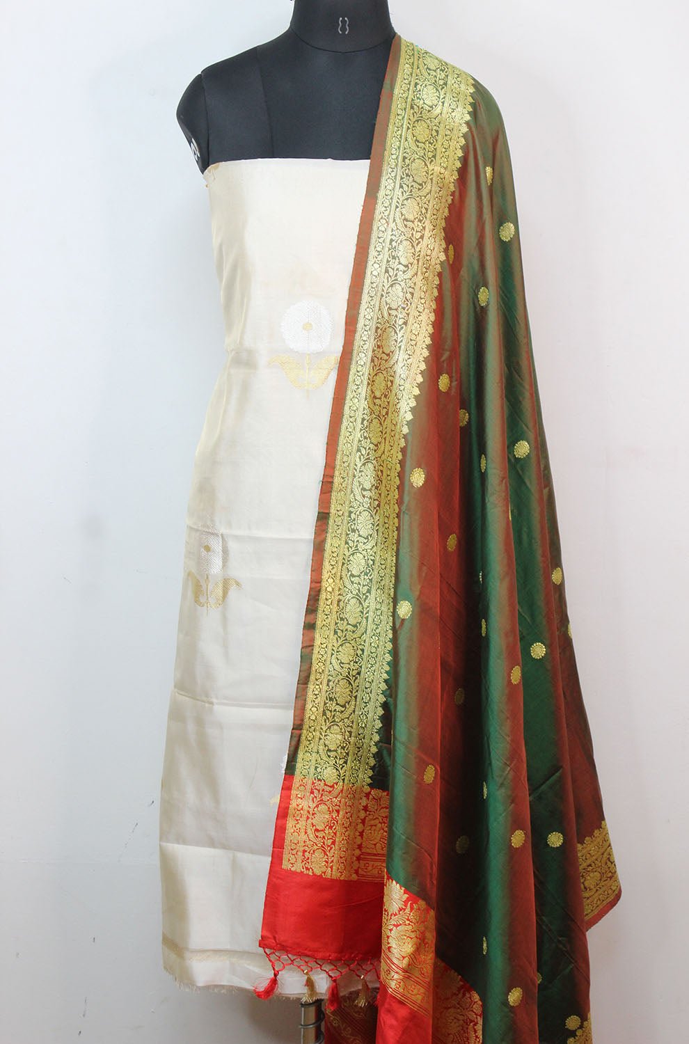 Dyeable Handloom Banarasi Tissue Katan Silk Suit With Green Banarasi Pure Katan Silk Dupatta - Luxurion World