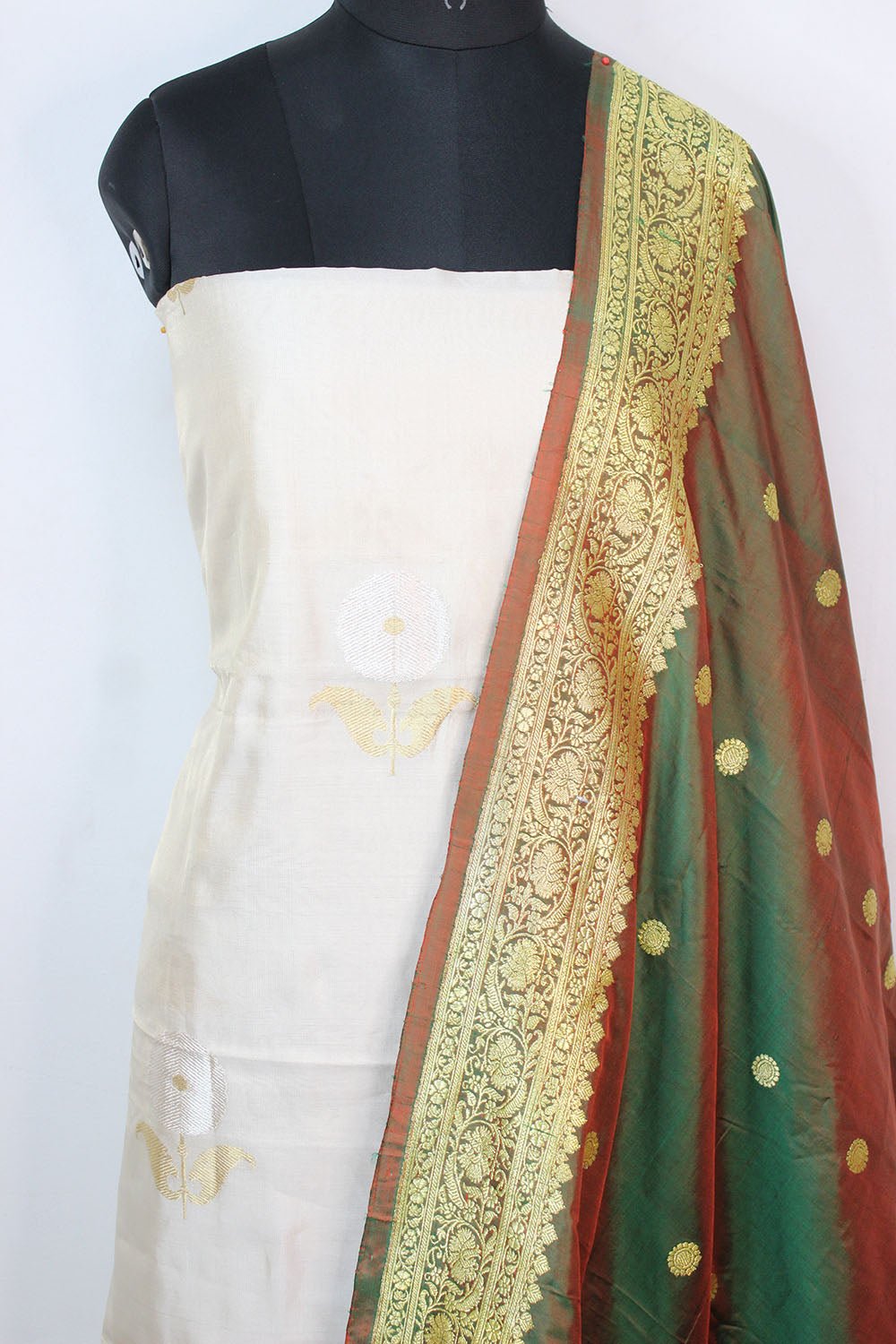 Dyeable Handloom Banarasi Tissue Katan Silk Suit With Green Banarasi Pure Katan Silk Dupatta - Luxurion World