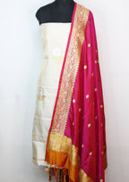 Dyeable Handloom Banarasi Tissue Katan Silk Suit With Pink Banarasi Pure Katan Silk Dupatta - Luxurion World