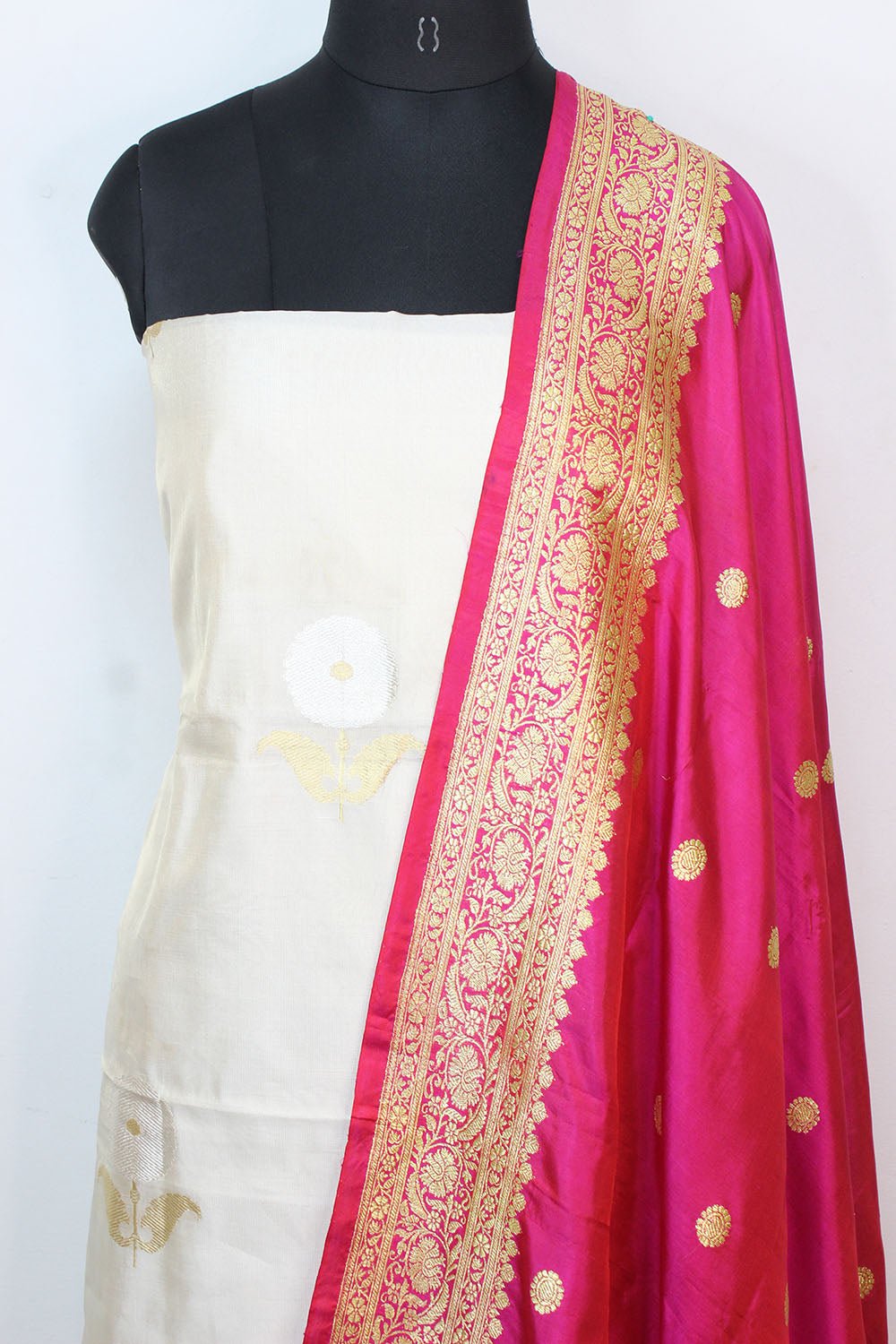 Dyeable Handloom Banarasi Tissue Katan Silk Suit With Pink Banarasi Pure Katan Silk Dupatta - Luxurion World
