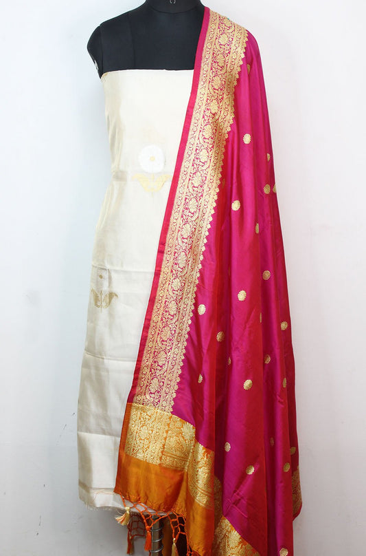 Dyeable Handloom Banarasi Tissue Katan Silk Suit With Pink Banarasi Pure Katan Silk Dupatta - Luxurion World