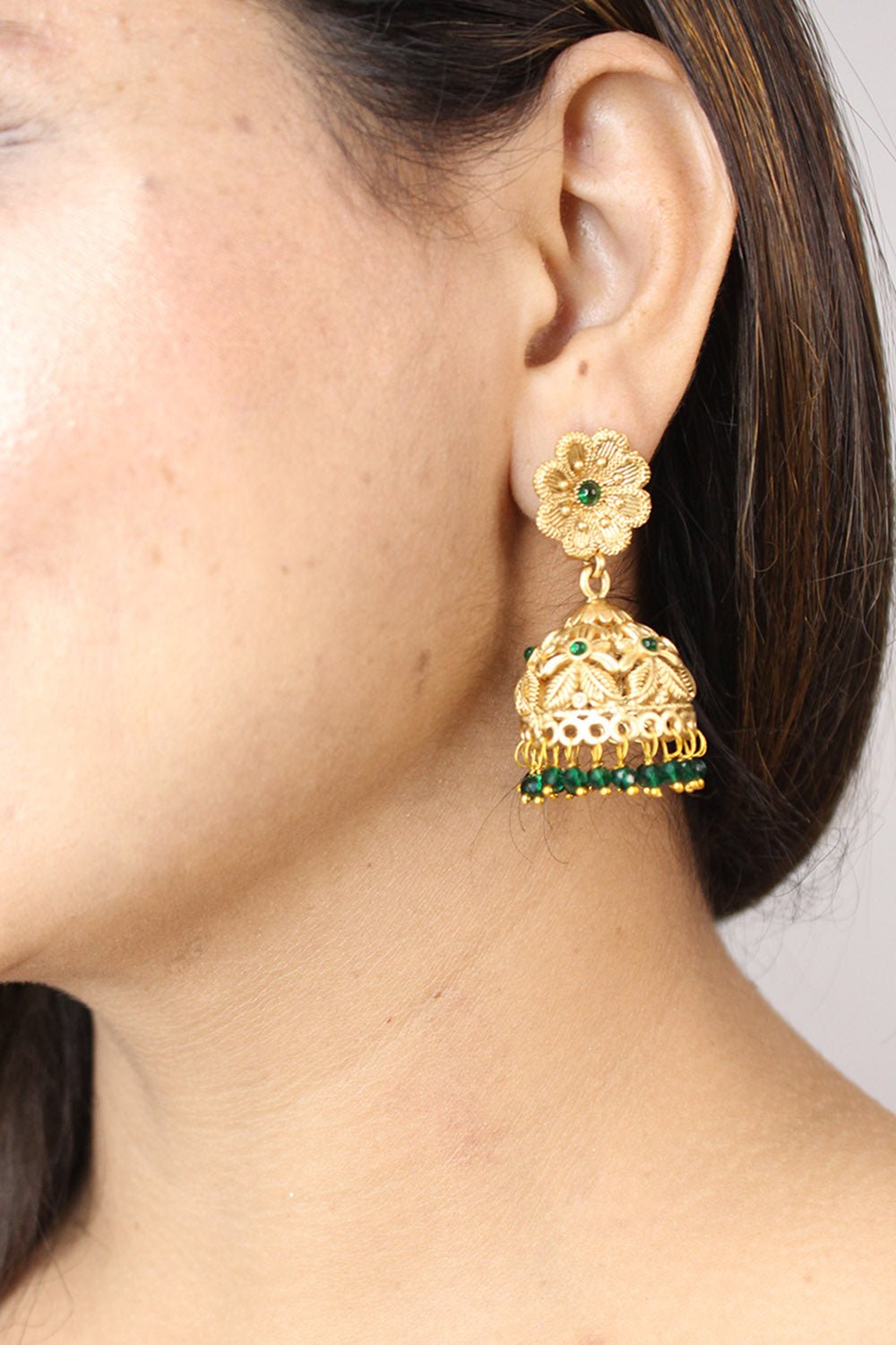 golden and green meenakari jhumka earring 702935