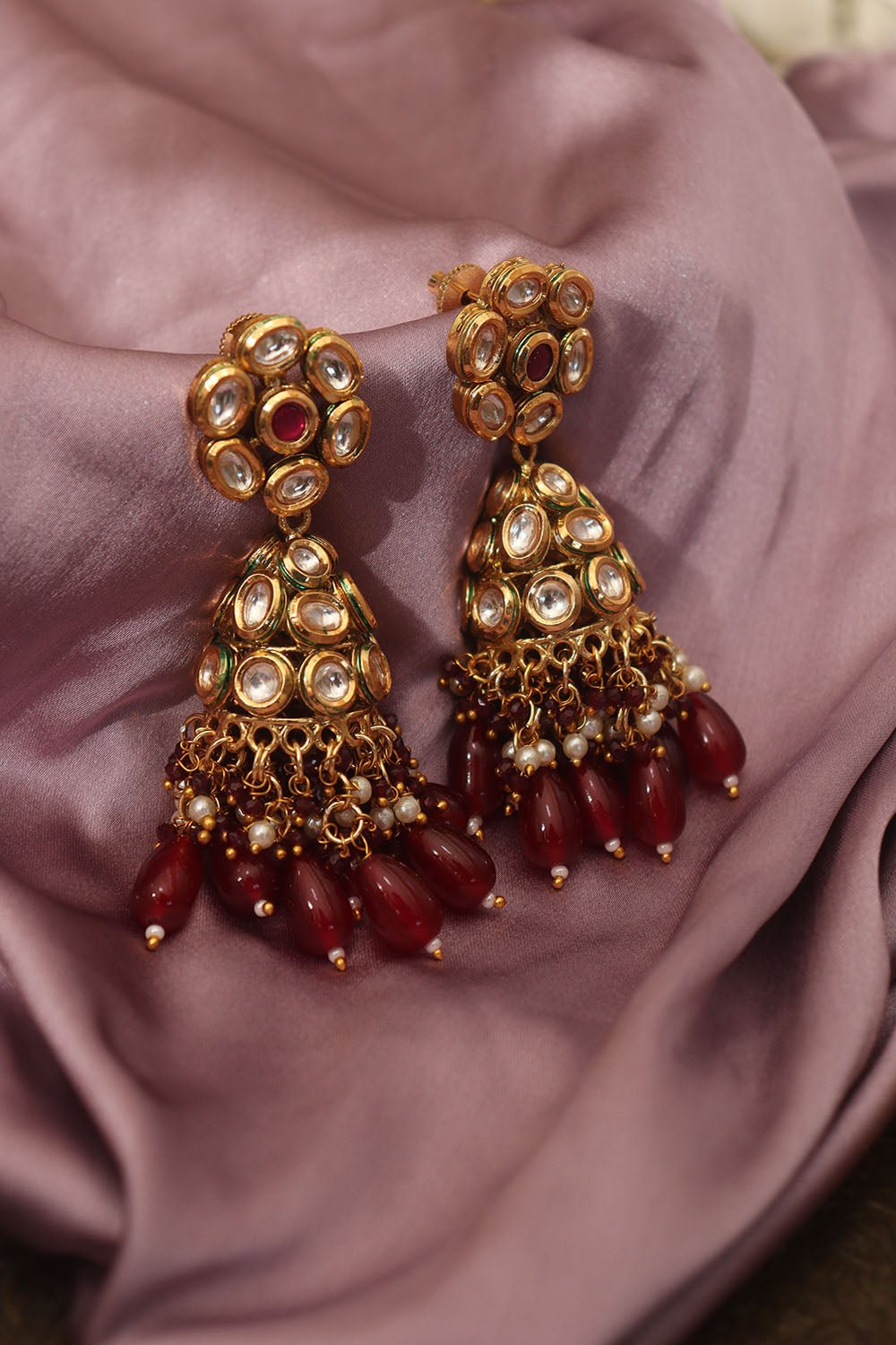 golden and red kundan jhumka earring 500567