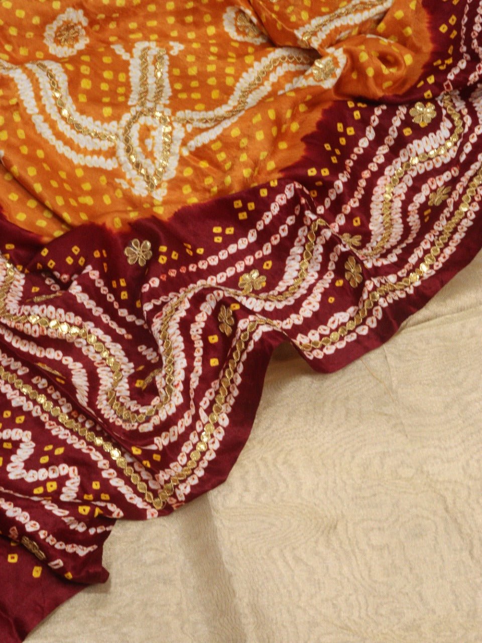 Golden Banarasi Tissue Silk Suit With Yellow And Maroon Bandhani Hand Gota Work Pure Gajji Silk Dupatta - Luxurion World