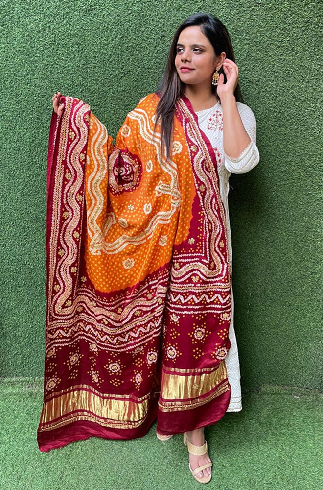 Golden Banarasi Tissue Silk Suit With Yellow And Maroon Bandhani Hand Gota Work Pure Gajji Silk Dupatta