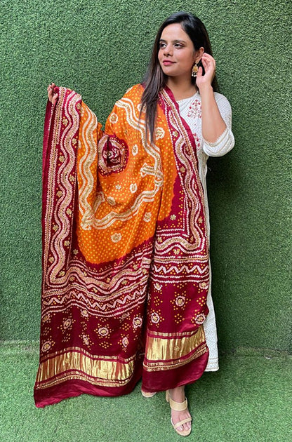 Golden Banarasi Tissue Silk Suit With Yellow And Maroon Bandhani Hand Gota Work Pure Gajji Silk Dupatta - Luxurion World