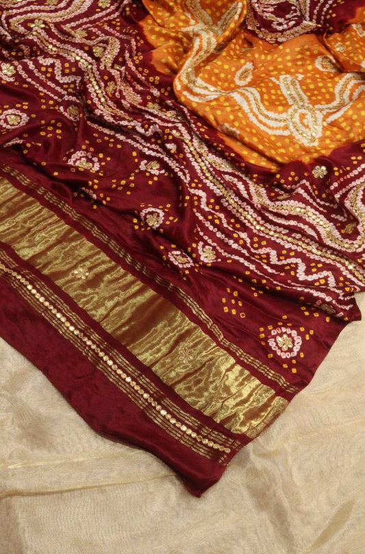 Golden Banarasi Tissue Silk Suit With Yellow And Maroon Bandhani Hand Gota Work Pure Gajji Silk Dupatta - Luxurion World