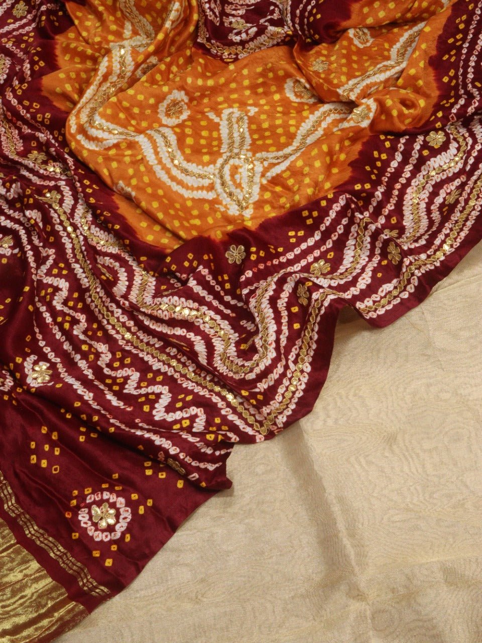 Golden Banarasi Tissue Silk Suit With Yellow And Maroon Bandhani Hand Gota Work Pure Gajji Silk Dupatta - Luxurion World