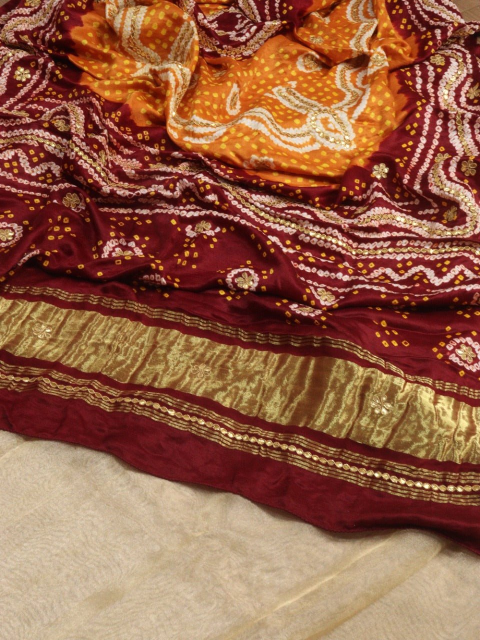 Golden Banarasi Tissue Silk Suit With Yellow And Maroon Bandhani Hand Gota Work Pure Gajji Silk Dupatta - Luxurion World