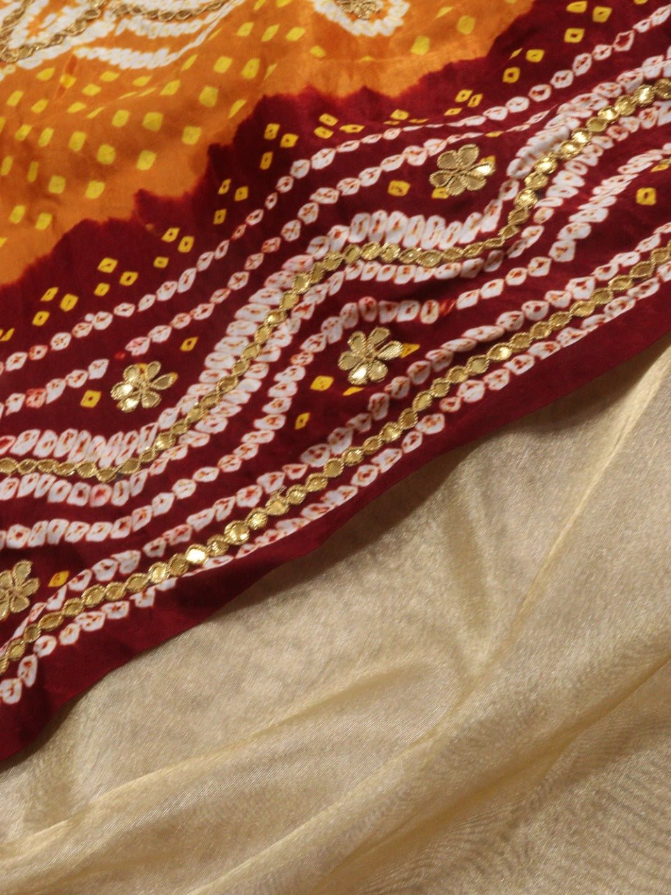 Golden Banarasi Tissue Silk Suit With Yellow And Maroon Bandhani Hand Gota Work Pure Gajji Silk Dupatta - Luxurion World