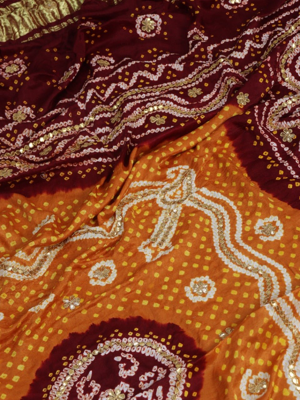 Golden Banarasi Tissue Silk Suit With Yellow And Maroon Bandhani Hand Gota Work Pure Gajji Silk Dupatta - Luxurion World