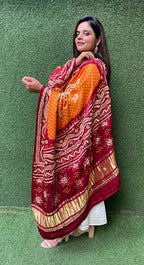 Golden Banarasi Tissue Silk Suit With Yellow And Maroon Bandhani Hand Gota Work Pure Gajji Silk Dupatta - Luxurion World