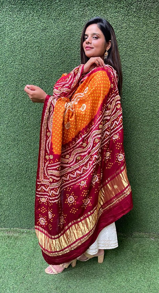 Golden Banarasi Tissue Silk Suit With Yellow And Maroon Bandhani Hand Gota Work Pure Gajji Silk Dupatta - Luxurion World