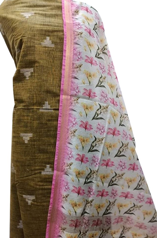 Golden Bhagalpur Linen Two Piece Unstitched Suit Set With Digital Printed Dupatta