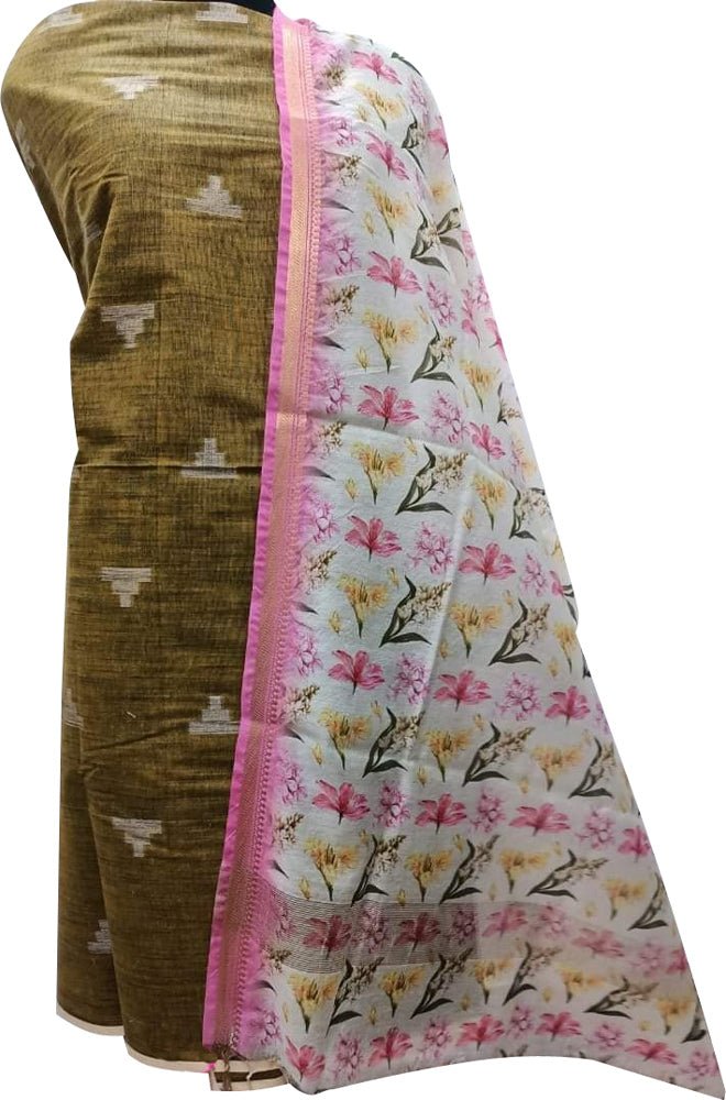 Golden Bhagalpur Linen Two Piece Unstitched Suit Set With Digital Printed Dupatta - Luxurion World