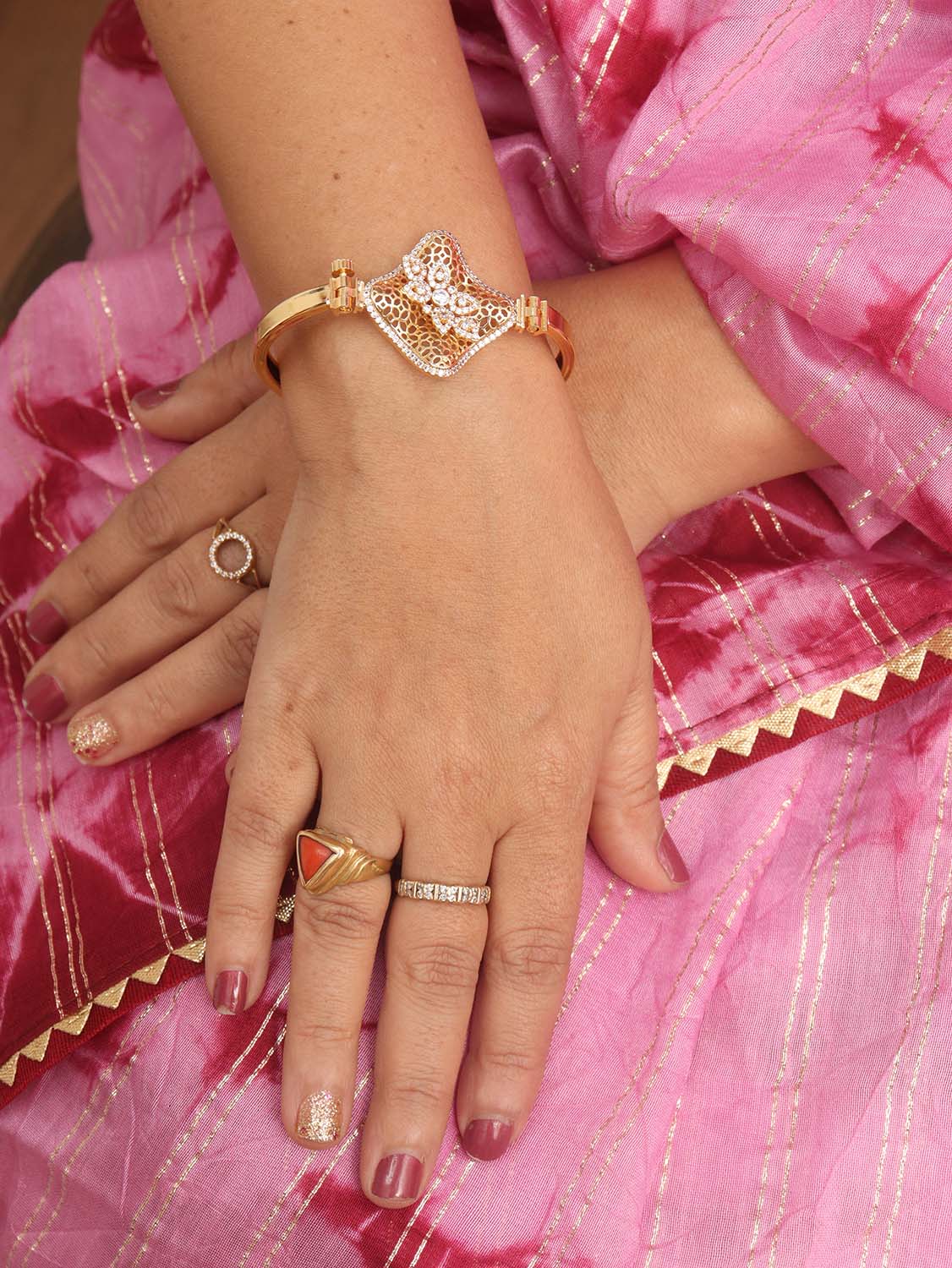 Lucky Jewellery Elegant White Color Gold Plated Finger Ring Bracelet Hand  Harness Hathphool For Girls & Women (318-L1HS-21-W-2)