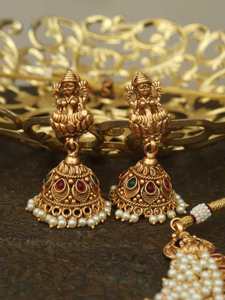 Golden Brass Temple Design Necklace Set With Kundan Work - Luxurionworld