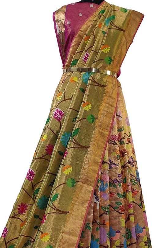 Golden Handloom Kota Doria Tissue Silk Unstitched Lehenga Set - Luxurion World