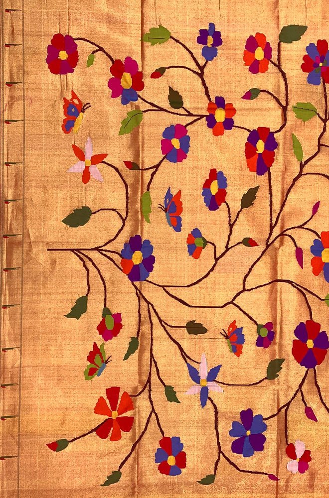 Golden Handloom Paithani Brocade Pure Silk Blouse Piece Fabric ( 1 Mtr )