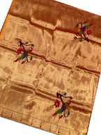 Golden Handloom Paithani Pure Silk Blouse Piece Bird Design Fabric - Luxurion World