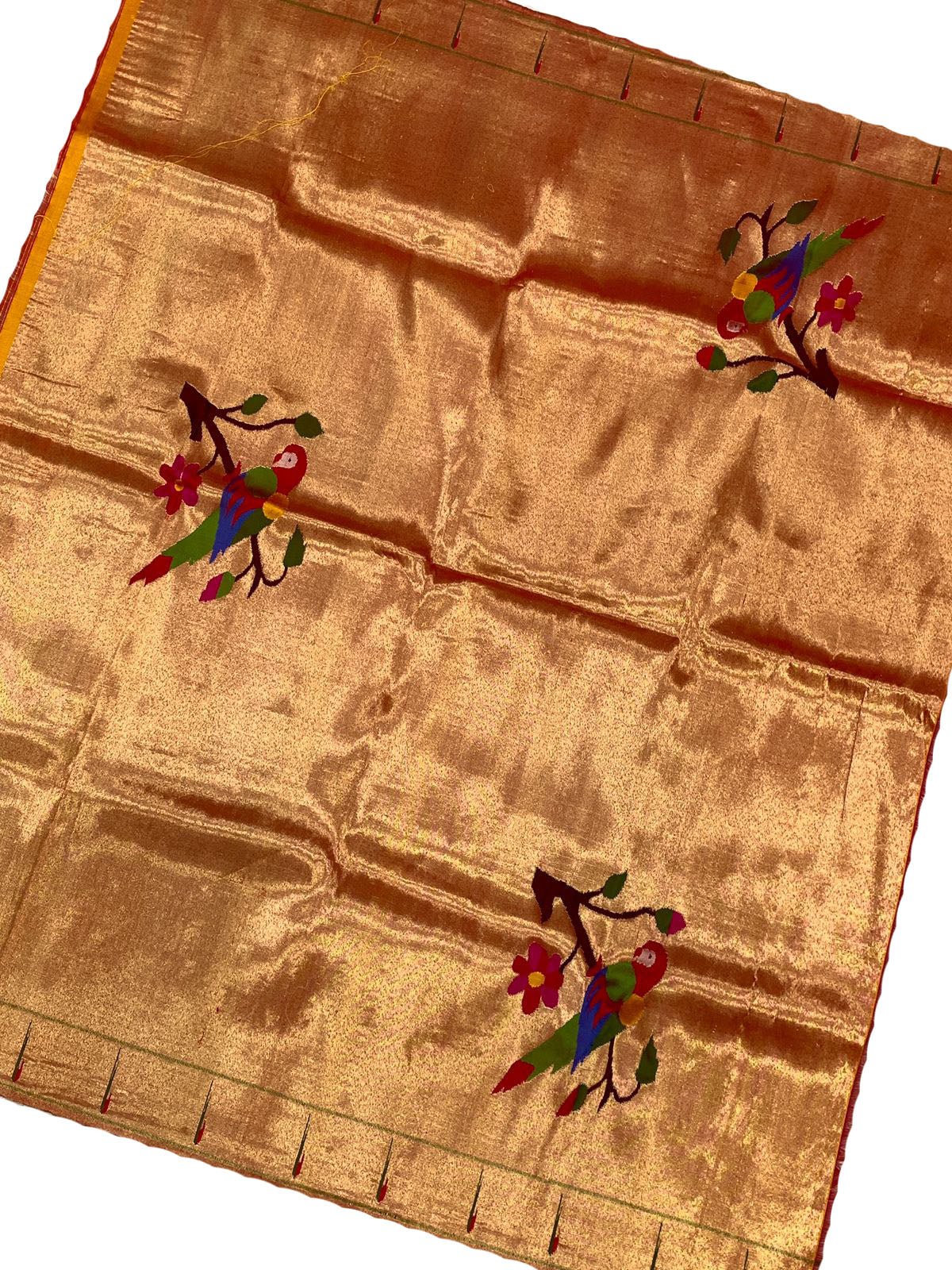 Golden Handloom Paithani Pure Silk Blouse Piece Bird Design Fabric - Luxurion World