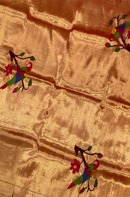 Golden Handloom Paithani Pure Silk Blouse Piece Bird Design Fabric