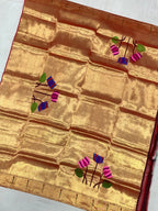 Golden Handloom Paithani Pure Silk Blouse Piece Fabric ( 1 Mtr ) - Luxurion World