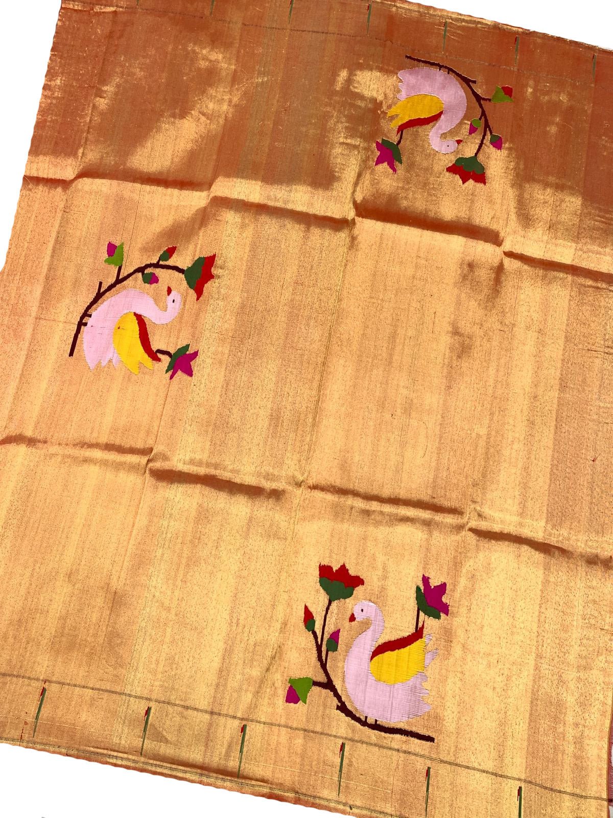 Golden Handloom Paithani Pure Silk Blouse Piece Fabric( 1 Mtr )