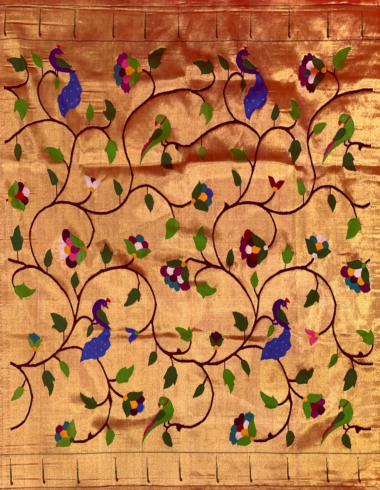 Golden Handloom Paithani Pure Silk Blouse Piece Fabric ( 1 Mtr ) - Luxurion World