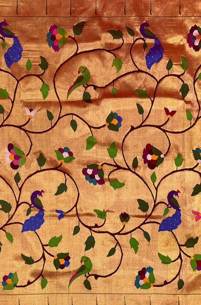 Golden Handloom Paithani Pure Silk Blouse Piece Fabric ( 1 Mtr ) - Luxurion World