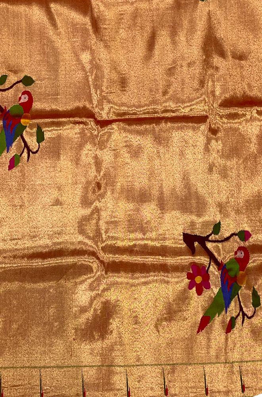 Golden Handloom Paithani Pure Silk Blouse Piece Fabric ( 1 Mtr ) - Luxurion World