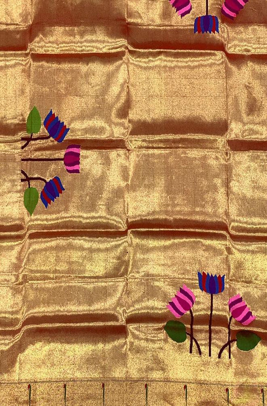Golden Handloom Paithani Pure Silk Blouse Piece Fabric ( 1 Mtr ) - Luxurion World
