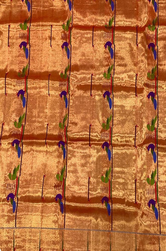 Golden Handloom Paithani Pure Silk Blouse Piece Fabric ( 1 Mtr ) - Luxurion World