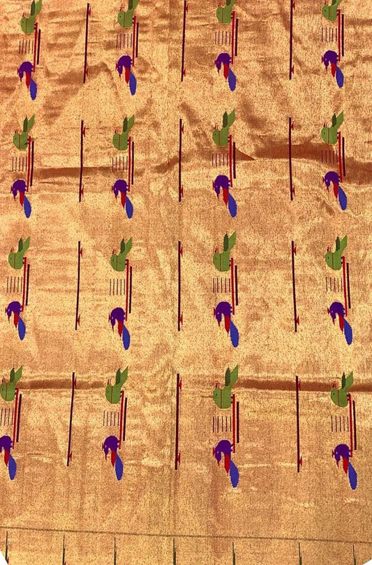Golden Handloom Paithani Pure Silk Blouse Piece Fabric ( 1 Mtr ) - Luxurion World