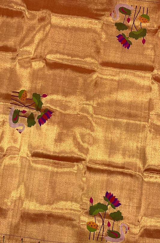 Golden Handloom Paithani Pure Silk Blouse Piece Fabric - Luxurion World
