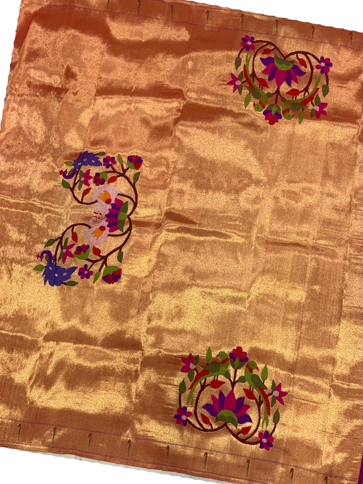 Golden Handloom Paithani Pure Silk Blouse Piece Flower Design Fabric ( 1 Mtr ) - Luxurion World