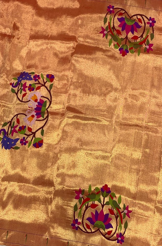 Golden Handloom Paithani Pure Silk Blouse Piece Flower Design Fabric ( 1 Mtr )