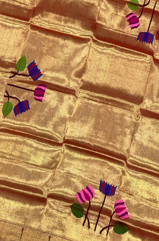 Golden Handloom Paithani Pure Silk Blouse Piece Flower Design Fabric - Luxurion World