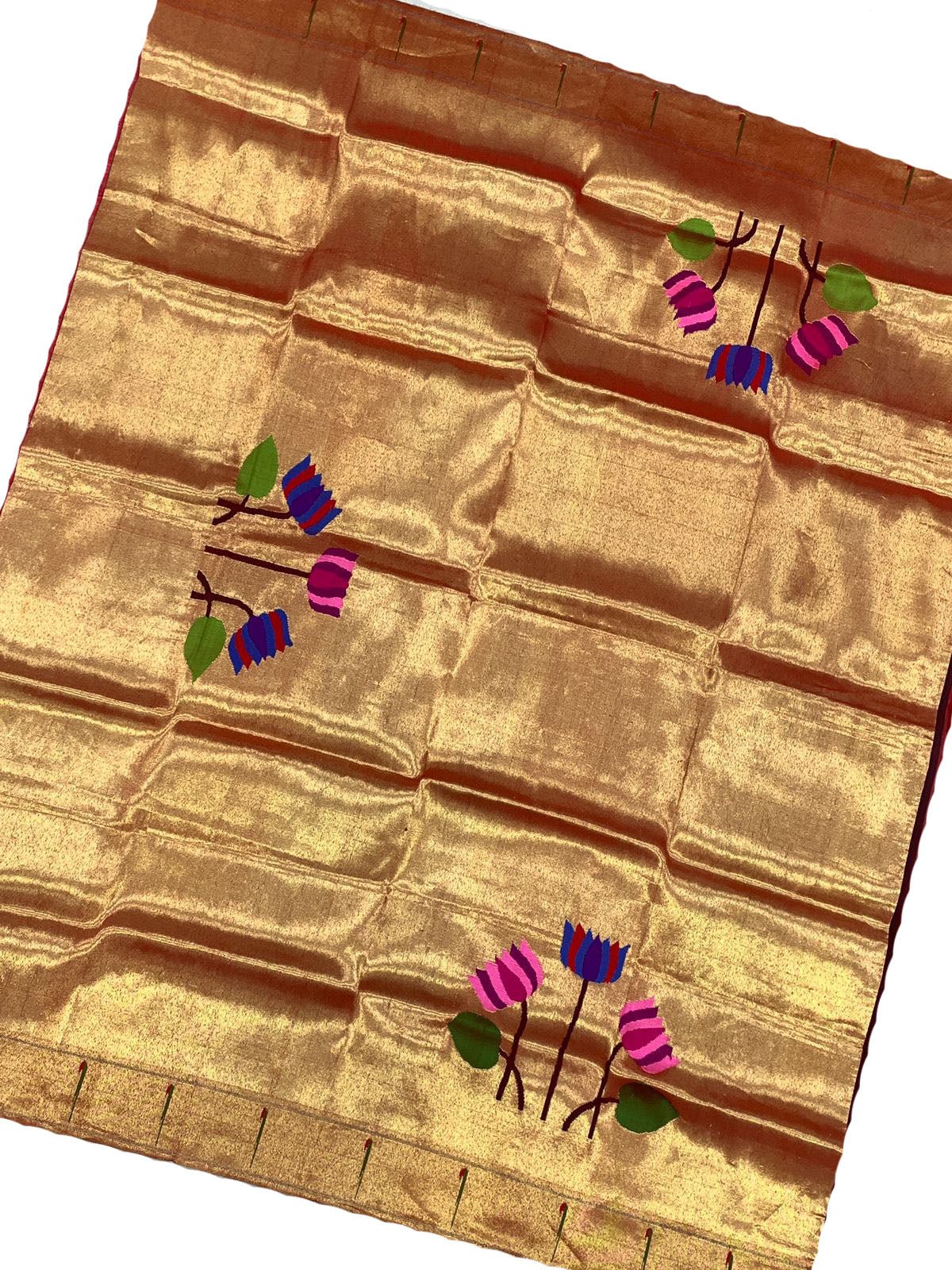 Golden Handloom Paithani Pure Silk Blouse Piece Flower Design Fabric - Luxurion World