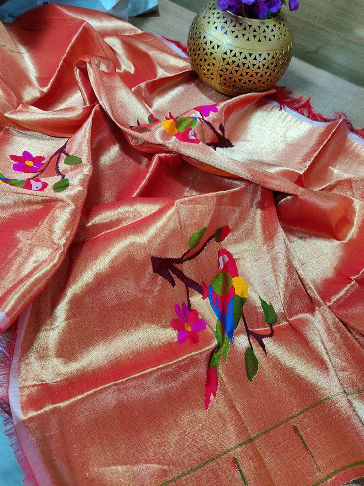 Golden Handloom Paithani Pure Silk Blouse Piece Parrot Design Fabric ( 1 Mtr ) - Luxurion World