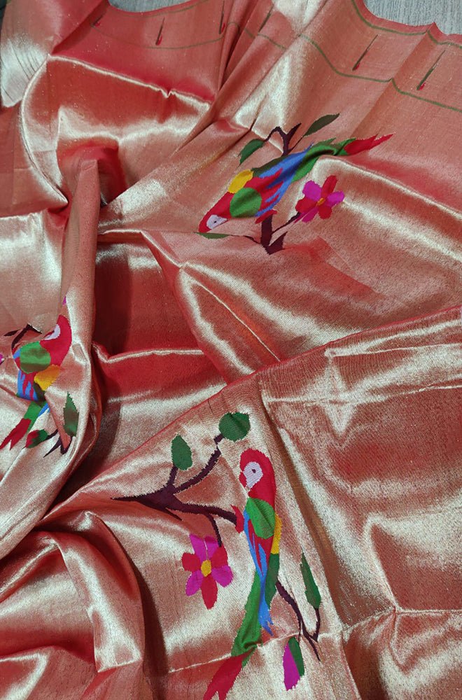 Golden Handloom Paithani Pure Silk Blouse Piece Parrot Design Fabric ( 1 Mtr ) - Luxurion World