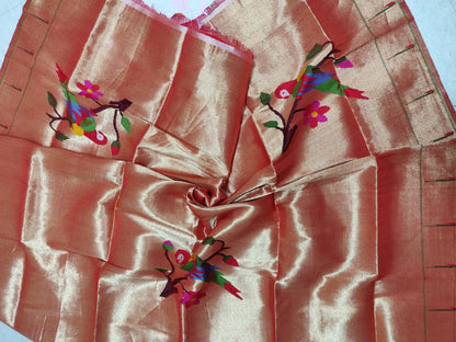 Golden Handloom Paithani Pure Silk Blouse Piece Parrot Design Fabric ( 1 Mtr ) - Luxurion World