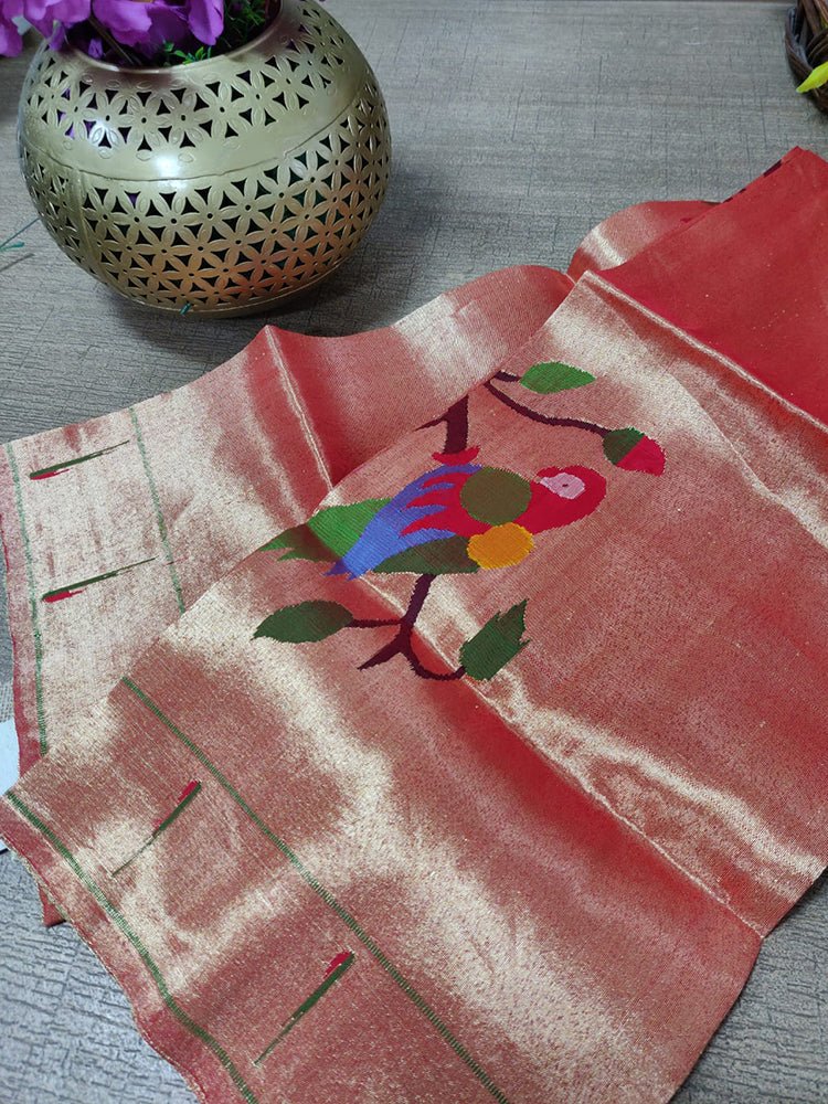 Golden Handloom Paithani Pure Silk Blouse Piece Parrot Design Fabric ( 1 Mtr )