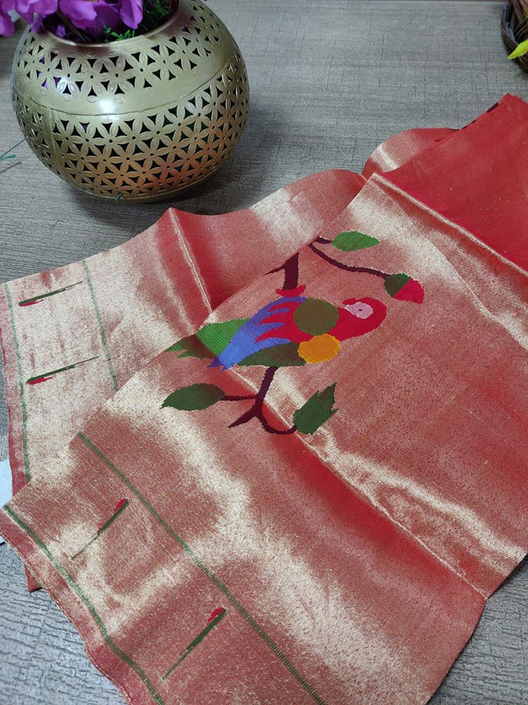 Golden Handloom Paithani Pure Silk Blouse Piece Parrot Design Fabric ( 1 Mtr ) - Luxurion World