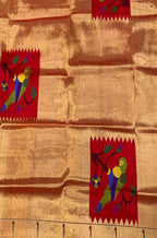 Golden Handloom Paithani Pure Silk Blouse Piece Parrot Design Fabric - Luxurion World