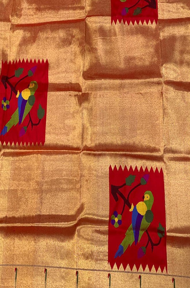 Golden Handloom Paithani Pure Silk Blouse Piece Parrot Design Fabric - Luxurion World