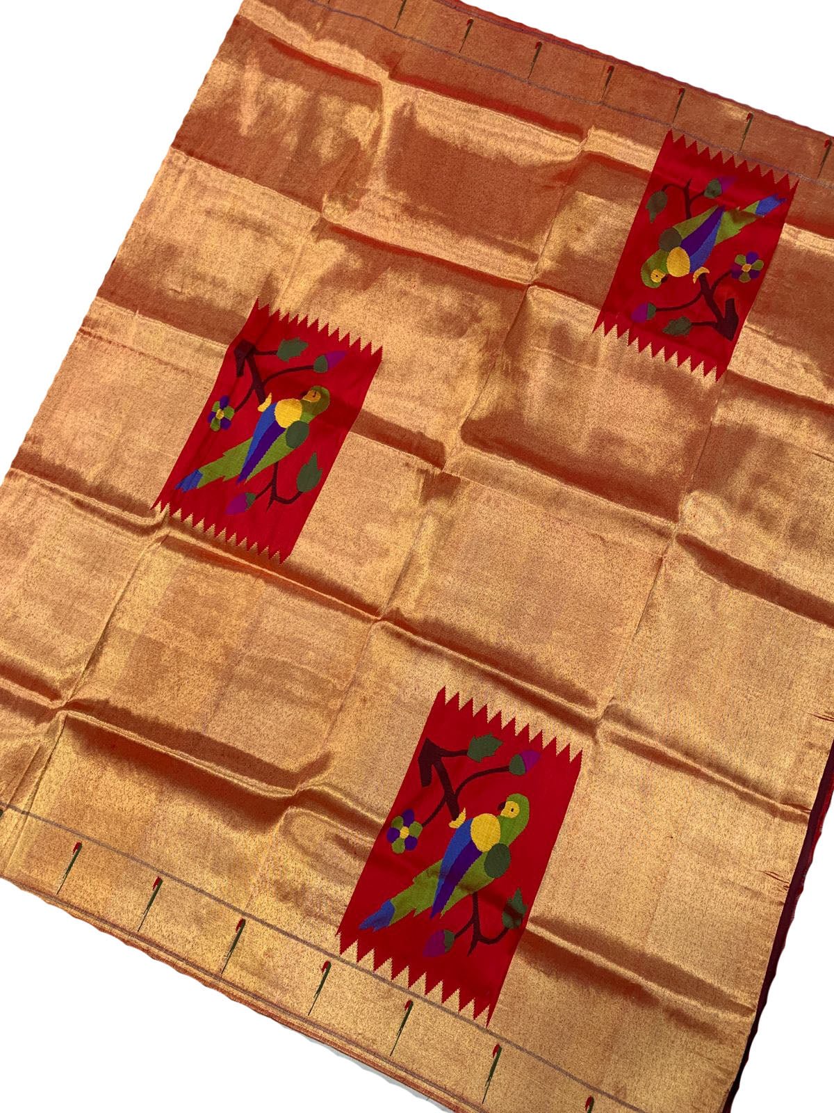 Golden Handloom Paithani Pure Silk Blouse Piece Parrot Design Fabric - Luxurion World