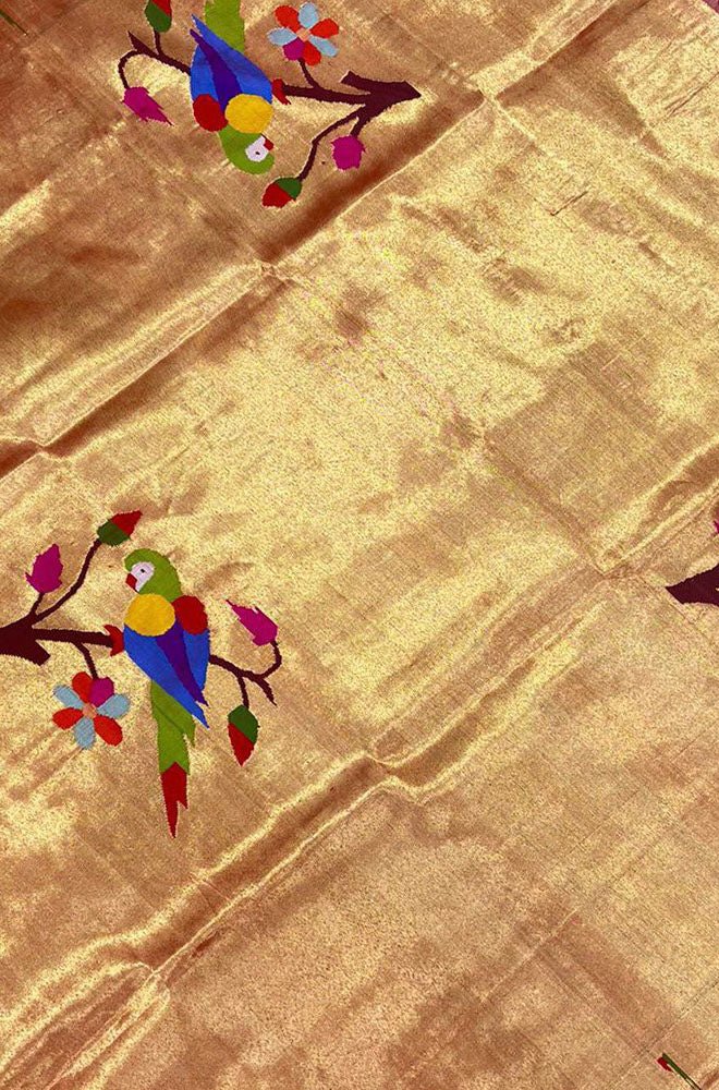 Golden Handloom Paithani Pure Silk Blouse Piece Parrot Design Fabric - Luxurion World