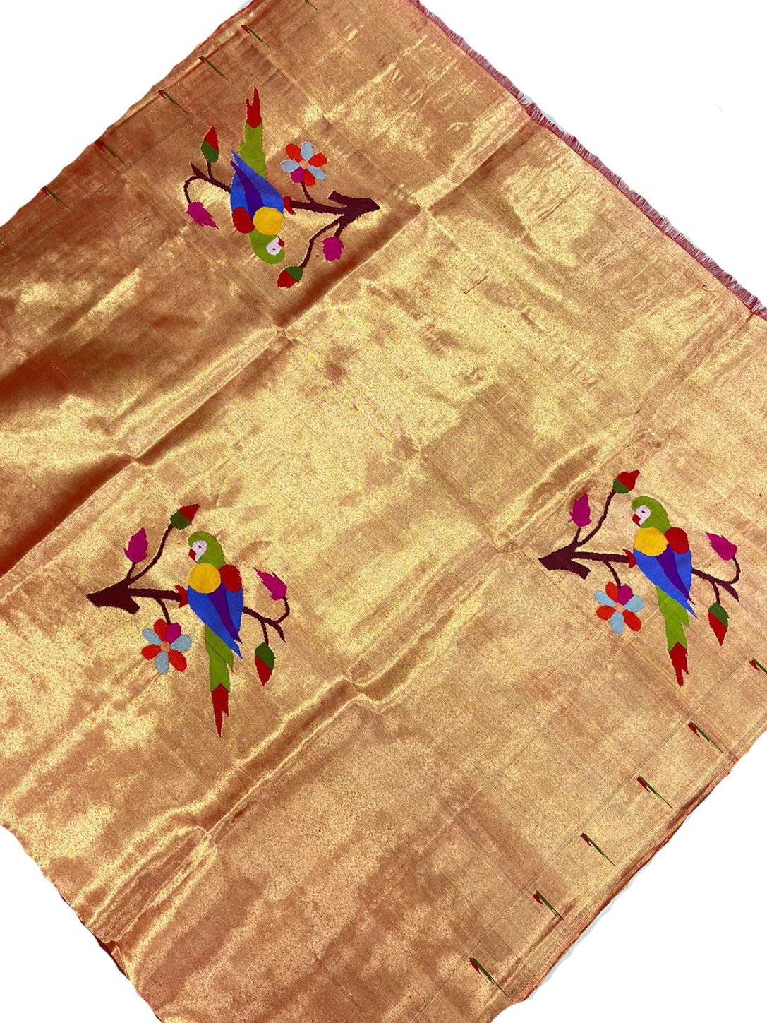 Golden Handloom Paithani Pure Silk Blouse Piece Parrot Design Fabric - Luxurion World
