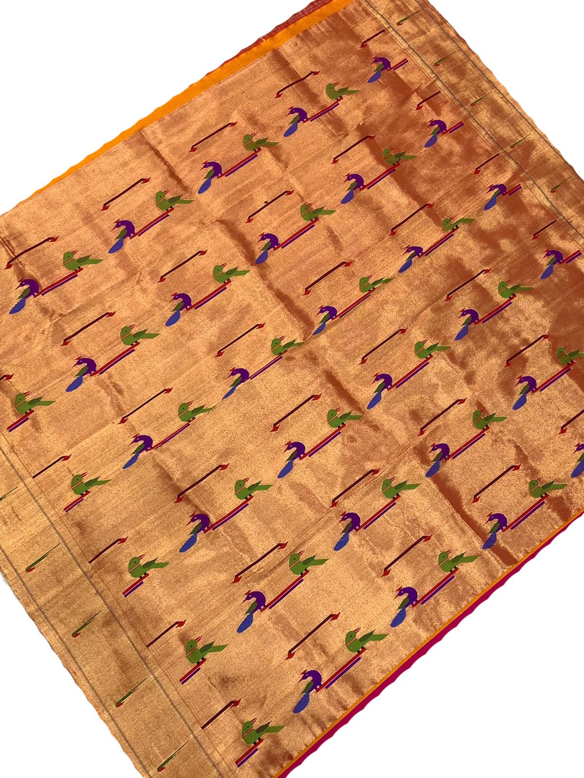Golden Handloom Paithani Pure Silk Blouse Piece Peacock Design Fabric - Luxurion World